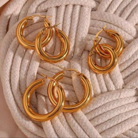 Wide Gold Plated Hoop Earrings - Picture 2 of 5